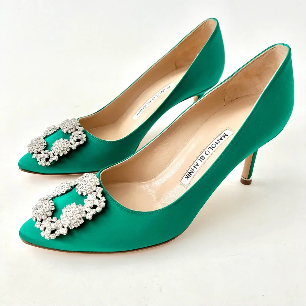 MANOLO BLAHNIK | Emerald Green Satin Jewel Buckle Crystal Pumps Heels US 6 EU 36 - Picture 2 of 15